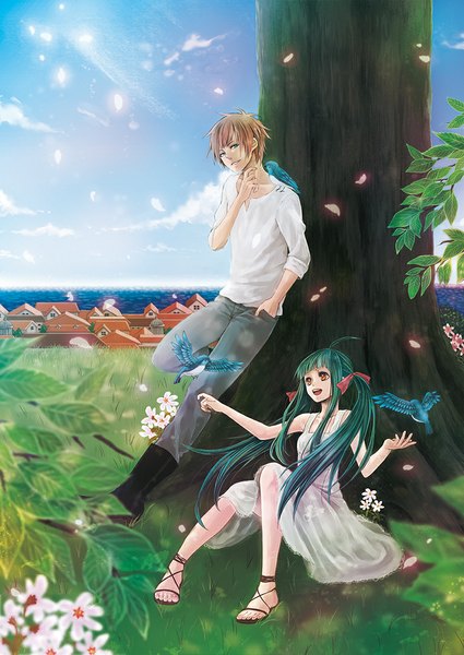 Anime picture 768x1084 with original amaichi esora long hair tall image looking at viewer fringe short hair open mouth blue eyes blonde hair smile sitting twintails brown eyes looking away sky cloud (clouds) green hair landscape hand in pocket