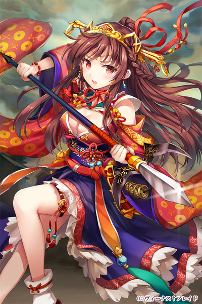 Anime picture 700x1050 with venus blade momoko (momopoco) single long hair tall image blush open mouth red eyes brown hair girl dress hair ornament weapon detached sleeves