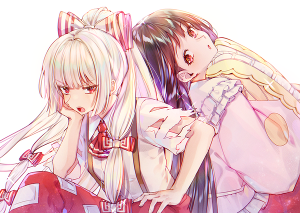 Anime picture 1748x1240 with touhou fujiwara no mokou houraisan kaguya here (hr rz ggg) long hair looking at viewer highres open mouth black hair simple background red eyes white background multiple girls payot white hair ponytail looking back sparkle torn clothes back to back