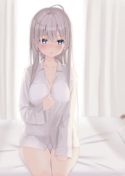 Anime picture 1062x1500 with original reinama single long hair tall image looking at viewer blush fringe breasts open mouth blue eyes light erotic hair between eyes sitting cleavage silver hair indoors long sleeves sleeves past wrists girl