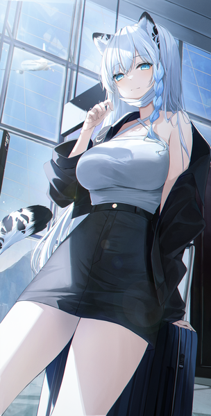 Anime picture 2536x5000 with original kuro (rudyan0128) single long hair tall image looking at viewer fringe highres breasts blue eyes hair between eyes standing animal ears silver hair indoors tail braid (braids) animal tail off shoulder arm support