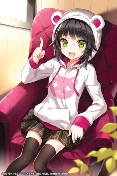 Anime picture 800x1199 with original nardack single tall image looking at viewer blush short hair open mouth black hair sitting green eyes :d from above :3 girl thighhighs skirt black thighhighs window hood