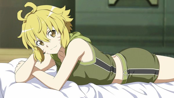 Anime picture 1920x1080 with sword art online sword art online: fatal bullet a-1 pictures argo the rat single looking at viewer fringe highres short hair breasts blonde hair smile hair between eyes wide image brown eyes game cg indoors lying official art midriff