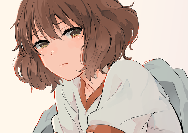 Anime picture 2046x1447 with hibike! euphonium kyoto animation oumae kumiko monsieur single looking at viewer fringe highres short hair simple background hair between eyes brown hair brown eyes upper body wavy mouth girl