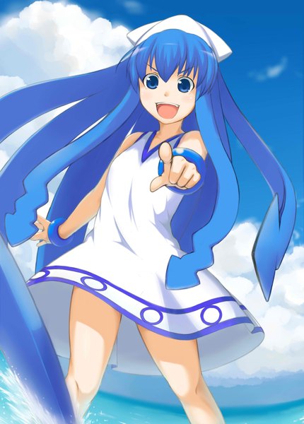 Anime picture 2893x4037 with shinryaku! ika musume ika musume kayakuya (artist) single long hair tall image highres open mouth blue eyes smile blue hair cloud (clouds) sleeveless tentacle hair girl bracelet sundress