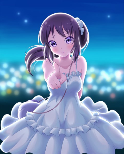 Anime picture 833x1032 with hibike! euphonium kyoto animation kousaka reina osaji0909 single long hair tall image blush fringe standing purple eyes bare shoulders purple hair parted lips night depth of field night sky sleeveless outstretched arm side ponytail
