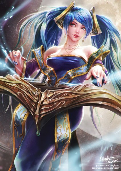 Anime picture 1024x1448 with league of legends sona buvelle sanghyunje single long hair tall image breasts twintails purple eyes bare shoulders blue hair looking away multicolored hair fingernails green hair lips lipstick gradient hair red lipstick girl