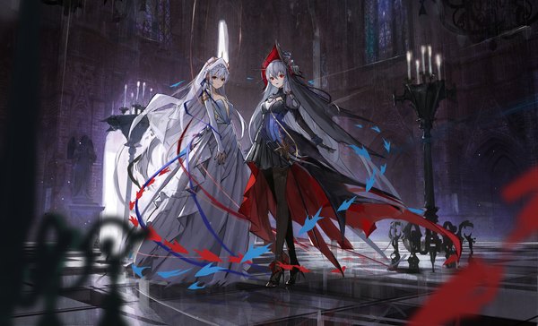 Anime picture 4738x2875 with arknights specter (arknights) specter the unchained (arknights) specter the unchained (born as one) (arknights) kisaragi pana looking at viewer fringe highres hair between eyes red eyes wide image standing multiple girls absurdres cleavage full body white hair indoors nail polish high heels