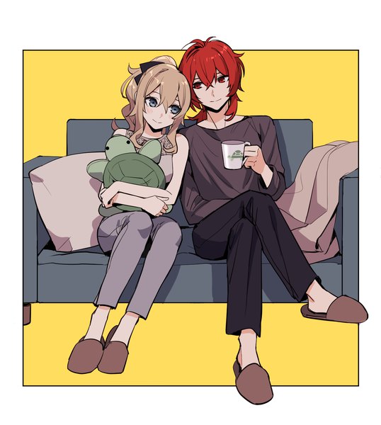 Anime picture 1239x1381 with genshin impact jean gunnhildr diluc ragnvindr rome romedo long hair tall image fringe blue eyes simple background blonde hair smile hair between eyes red eyes sitting full body ponytail red hair couple crossed legs border