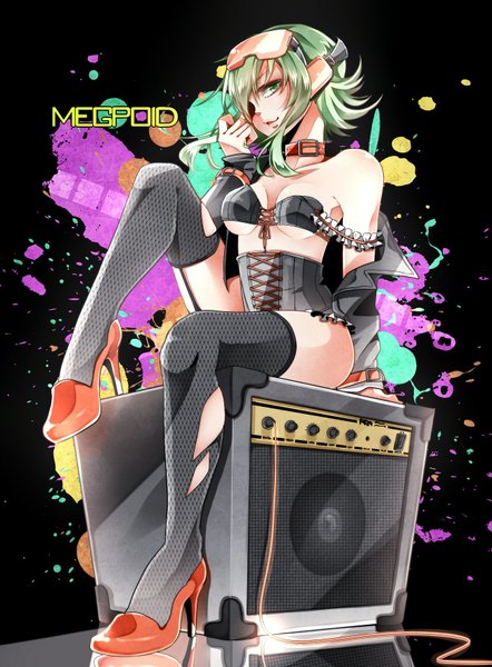 Anime picture 1300x1764 with vocaloid gumi nou single tall image looking at viewer fringe short hair breasts light erotic smile sitting bare shoulders green eyes green hair hair over one eye black background girl thighhighs black thighhighs