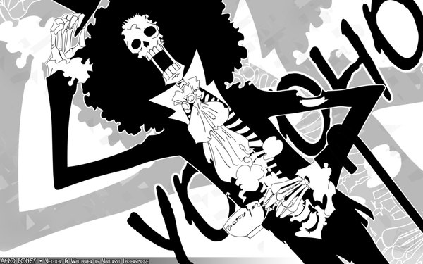 Anime picture 1920x1200 with one piece toei animation brook (one piece) single highres black hair simple background wide image dutch angle adjusting hat skeleton afro boy hat cup skull neckerchief