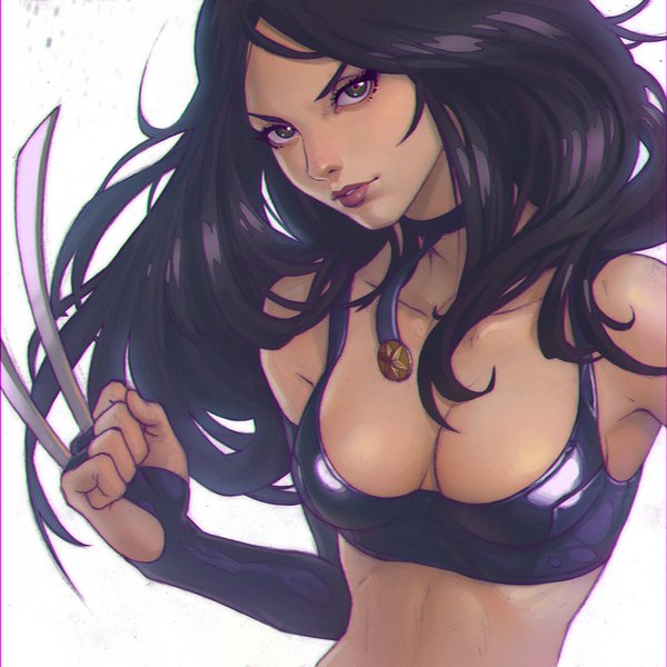 Anime picture 1080x1080 with x-men marvel comics x-23 (laura kinney) ilya kuvshinov single long hair looking at viewer breasts light erotic black hair white background cleavage upper body lips black eyes girl choker crop top fist claw (weapon)