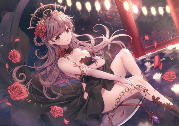 Anime picture 1100x778 with houchi shoujo ozzingo single long hair looking at viewer fringe breasts red eyes brown hair sitting holding cleavage bent knee (knees) braid (braids) hair flower dutch angle floating hair girl dress flower (flowers)