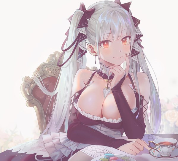 Anime picture 1700x1537 with azur lane formidable (azur lane) lino chang single long hair blush breasts light erotic smile red eyes large breasts sitting twintails cleavage silver hair girl dress ribbon (ribbons) hair ribbon earrings