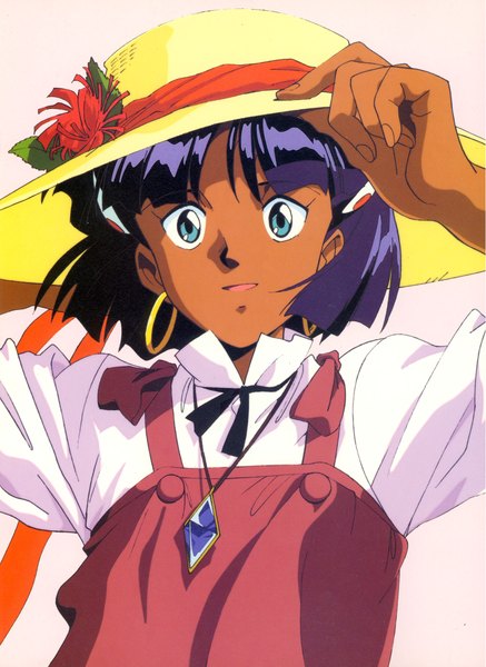 Anime picture 3394x4655 with fushigi no umi no nadia nadia single tall image highres short hair open mouth blue eyes absurdres purple hair dark skin girl hat earrings pendant jewelry