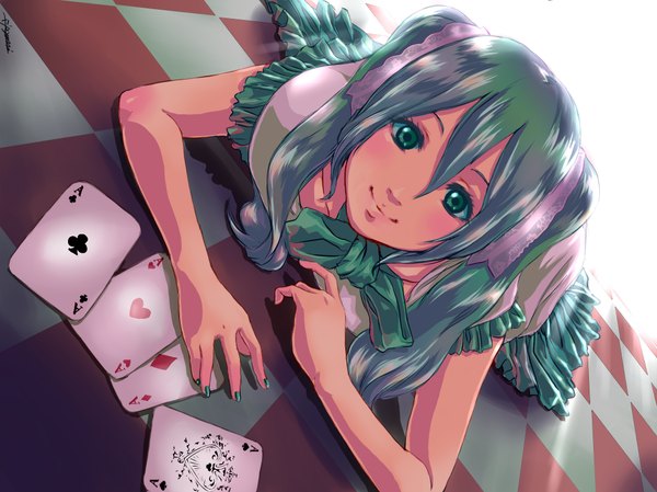 Anime picture 2048x1534 with vocaloid hatsune miku ace ryon (artist) highres green eyes signed lying green hair on stomach checkered floor checkered spade girl heart card (cards) diamond (shape) clubs