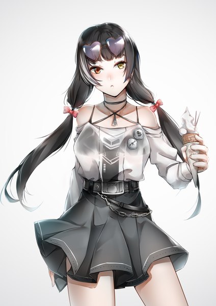 Anime picture 2480x3508 with girls frontline ro635 (girls frontline) lubikaya1 single long hair tall image looking at viewer fringe highres black hair simple background red eyes standing twintails bare shoulders holding yellow eyes payot blunt bangs pleated skirt