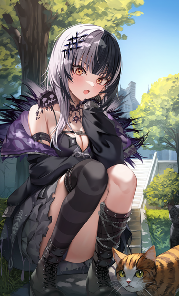Anime picture 1200x1985 with virtual youtuber hololive hololive english shiori novella shiori novella (1st costume) yorick (shiori novella) shuvi (shuvi1125) single long hair tall image looking at viewer blush fringe breasts open mouth light erotic black hair large breasts yellow eyes cleavage