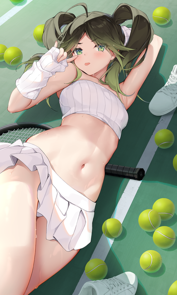 Anime-Bild 1500x2500 mit original uosaasou single long hair tall image looking at viewer blush fringe light erotic twintails green eyes ahoge lying long sleeves pleated skirt green hair from above bare belly armpit (armpits) sweat