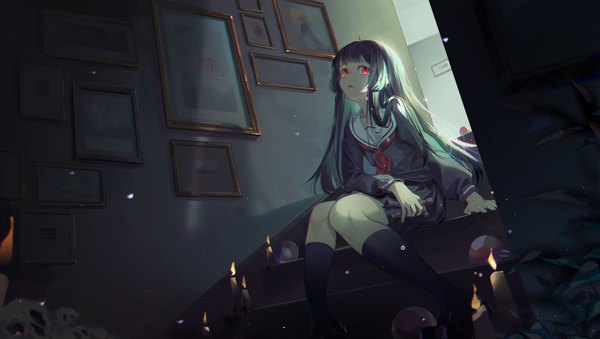 Anime picture 3599x2031 with hell girl studio deen enma ai xiaojiaju single long hair highres black hair red eyes wide image absurdres indoors hime cut girl uniform socks serafuku black socks stairs candle (candles)