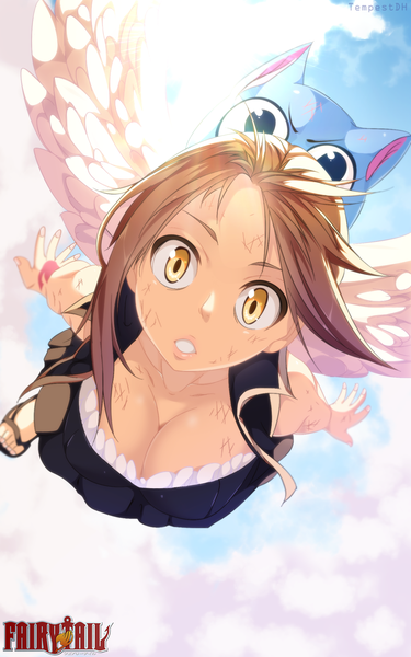 Anime picture 1064x1700 with fairy tail lucy heartfilia happy (fairy tail) tempestdh long hair tall image light erotic brown hair yellow eyes sky cloud (clouds) black eyes sunlight inscription tattoo coloring flying girl animal cat