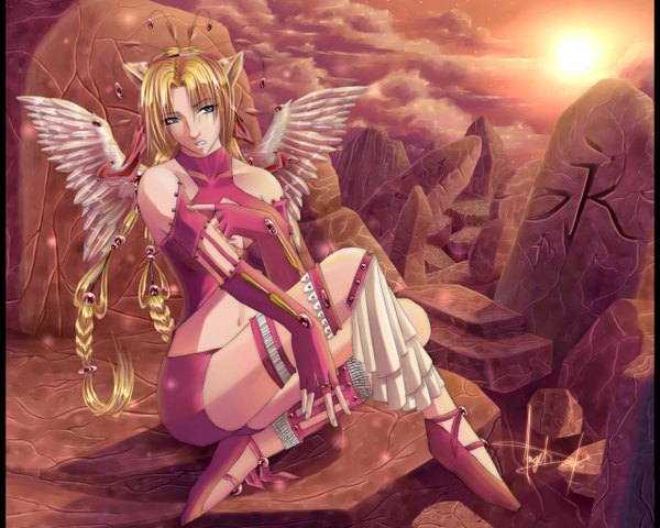Anime picture 1280x1024 with original soul-sama long hair blue eyes blonde hair animal ears cloud (clouds) braid (braids) twin braids evening sunset ruins rock angel girl gloves navel wings shoes shorts