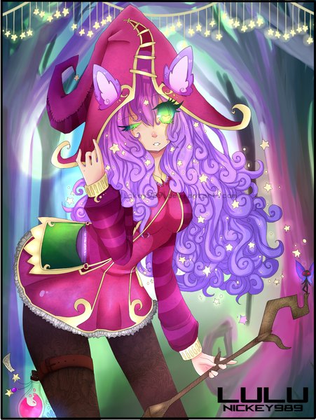 Anime picture 1145x1521 with league of legends lulu (league of legends) nickey989 single long hair tall image looking at viewer green eyes purple hair one eye closed wink fairy girl dress hat staff