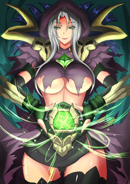 Anime picture 2893x4092 with league of legends vladimir (league of legends) torahime (roland00) single long hair tall image highres breasts light erotic large breasts green eyes light smile grey hair magic genderswap girl skirt gloves underwear panties