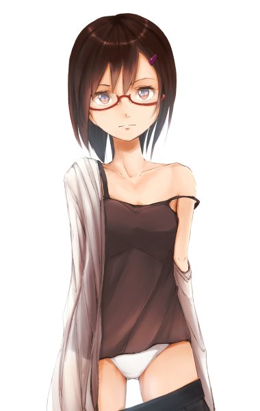 Anime picture 1520x2400 with original minamito single tall image looking at viewer short hair light erotic simple background brown hair white background brown eyes girl underwear panties glasses