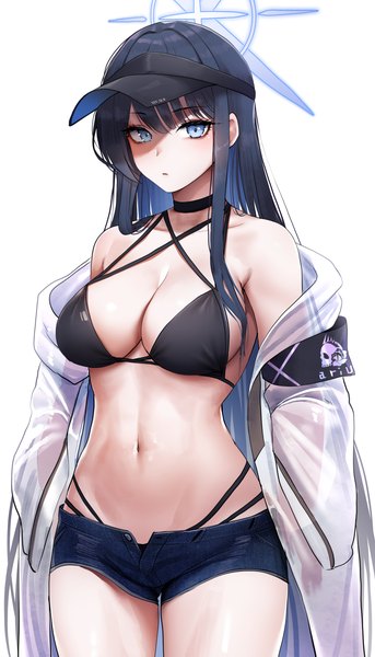 Anime picture 3429x6000 with blue archive saori (blue archive) doyoon 7 single long hair tall image looking at viewer fringe highres breasts blue eyes light erotic black hair simple background large breasts standing white background absurdres cleavage off shoulder