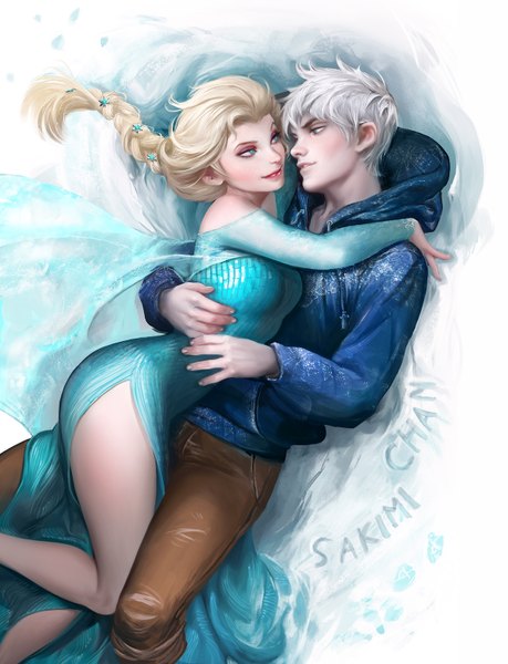 Anime picture 1200x1566 with frozen (disney) rise of the guardians disney dreamworks elsa (frozen) jack frost (rise of the guardians) sakimichan long hair tall image fringe short hair breasts blonde hair bare shoulders signed white hair braid (braids) aqua eyes light smile lips