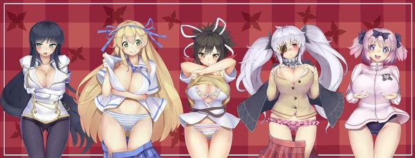 Anime picture 1664x636 with senran kagura ikaruga (senran kagura) asuka (senran kagura) yagyuu (senran kagura) katsuragi (senran kagura) hibari (senran kagura) ginko (nico) long hair blush short hair breasts open mouth blue eyes light erotic black hair blonde hair red eyes wide image large breasts twintails