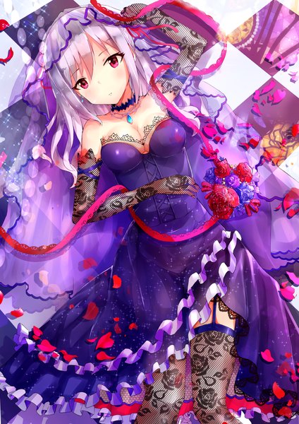Anime picture 707x1000 with idolmaster idolmaster cinderella girls kanzaki ranko adosan (horaizon1211) single long hair tall image breasts red eyes bare shoulders cleavage silver hair lying on back checkered floor floor checkered demonic bride girl thighhighs