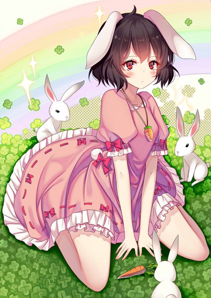 Anime picture 1000x1414 with touhou inaba tewi kazucha single tall image looking at viewer blush fringe short hair black hair hair between eyes red eyes sitting animal ears full body ahoge bent knee (knees) bare legs sparkle bunny ears