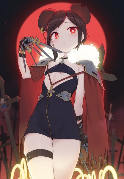 Anime picture 2198x3160 with original cloba single tall image looking at viewer highres short hair light erotic red eyes brown hair animal ears depth of field piercing glowing ear piercing cleavage cutout red moon mouse ears girl dress