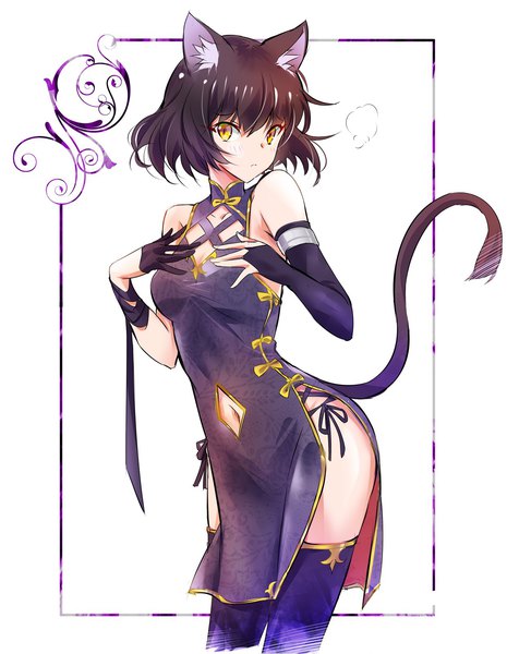 Anime picture 1240x1600 with rwby rooster teeth blake belladonna iesupa single tall image looking at viewer fringe short hair breasts black hair simple background white background bare shoulders animal ears yellow eyes cleavage tail traditional clothes animal tail