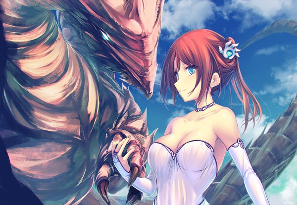 Anime picture 2100x1450 with original tenmaso single long hair highres breasts blue eyes bare shoulders looking away sky cloud (clouds) upper body red hair profile girl dress hair ornament choker white dress bridal gauntlets