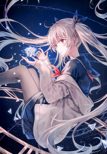 Anime picture 2406x3464 with original hiten (hitenkei) single tall image fringe highres twintails brown eyes payot looking away silver hair bent knee (knees) long sleeves very long hair parted lips profile scan off shoulder floating hair sleeves past wrists