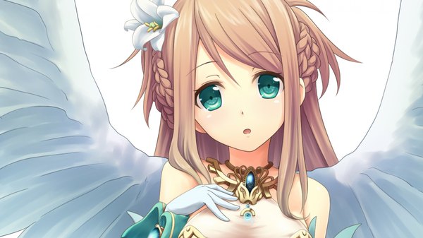 Anime picture 1920x1080 with shinkai no valkyrie angel (shinkai no valkyrie) akkijin single long hair fringe highres blonde hair wide image green eyes braid (braids) parted lips hair flower angel wings white wings cropped girl gloves hair ornament flower (flowers)