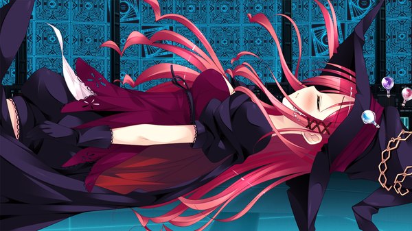 Anime picture 1280x720 with witch's garden hinomiya ayari ko~cha single long hair blush wide image game cg red hair eyes closed girl dress gloves witch hat
