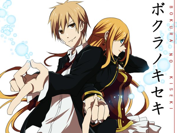 Anime picture 1280x960 with bokura no kiseki (manga) ame gatsu (artist) long hair short hair white background brown eyes profile orange hair couple back to back bandaid on face girl boy earrings necktie bandaid