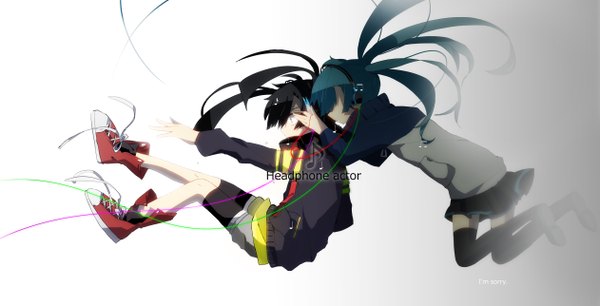 Anime picture 2524x1288 with kagerou project shaft (studio) ene (kagerou project) enomoto takane me-ga long hair highres blue eyes black hair simple background wide image white background twintails blue hair pleated skirt inscription grey background tears jumping dual persona