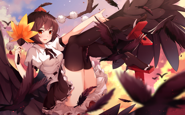 Anime picture 3000x1875 with touhou shameimaru aya nahaki single blush fringe highres short hair open mouth light erotic black hair smile red eyes holding sky cloud (clouds) full body :d outstretched arm convenient censoring