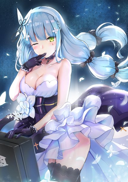 Anime picture 707x1000 with girls frontline hk416 (girls frontline) hk416 (starry cocoon) (girls frontline) qian wu atai single long hair tall image blush fringe breasts light erotic twintails bare shoulders green eyes cleavage silver hair blunt bangs one eye closed wink night