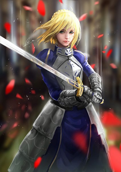 Anime picture 842x1191 with fate (series) fate/stay night type-moon artoria pendragon (all) saber cglas single tall image looking at viewer short hair blonde hair holding green eyes realistic girl gloves weapon petals sword armor
