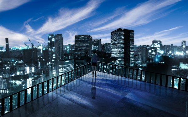 Anime picture 1920x1200 with original tagme (artist) single highres wide image standing sky cloud (clouds) from behind back city light reflection cityscape city lights girl building (buildings) roof