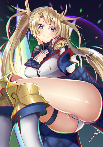 Anime picture 1158x1637 with fate (series) fate/grand order bradamante (fate/grand order) zotari single long hair tall image looking at viewer blush fringe blue eyes light erotic blonde hair smile hair between eyes twintails signed payot cleavage bent knee (knees)