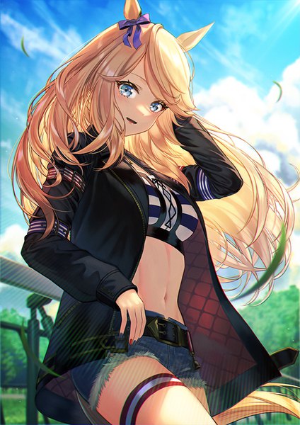 Anime picture 636x900 with umamusume gold city (umamusume) unowen single long hair tall image blue eyes blonde hair animal ears sky cloud (clouds) outdoors tail animal tail wind open jacket from below midriff horse ears horse tail