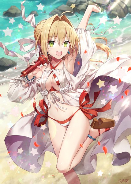 Anime picture 713x1000 with fate (series) fate/grand order nero claudius (fate) nero claudius (swimsuit caster) (fate) gabiran single long hair tall image looking at viewer blush fringe breasts open mouth light erotic blonde hair smile hair between eyes large breasts standing holding