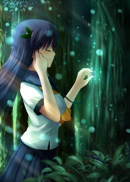 Anime picture 1200x1669 with chien zero single long hair tall image blush blue hair eyes closed profile girl uniform plant (plants) school uniform tree (trees) stethoscope
